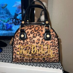 Von Dutch Leopard Print Mini Dome Satchel in Brown and Black